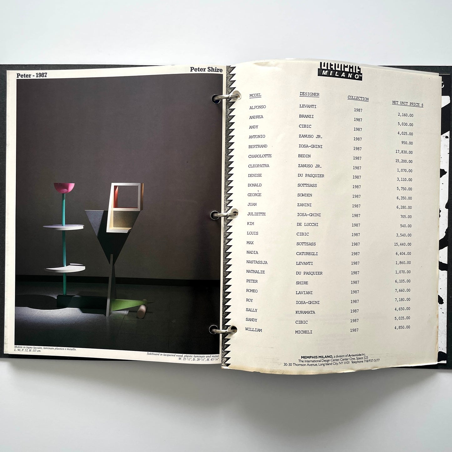 Memphis Milano Binder, Catalogs and Price List circa 1987