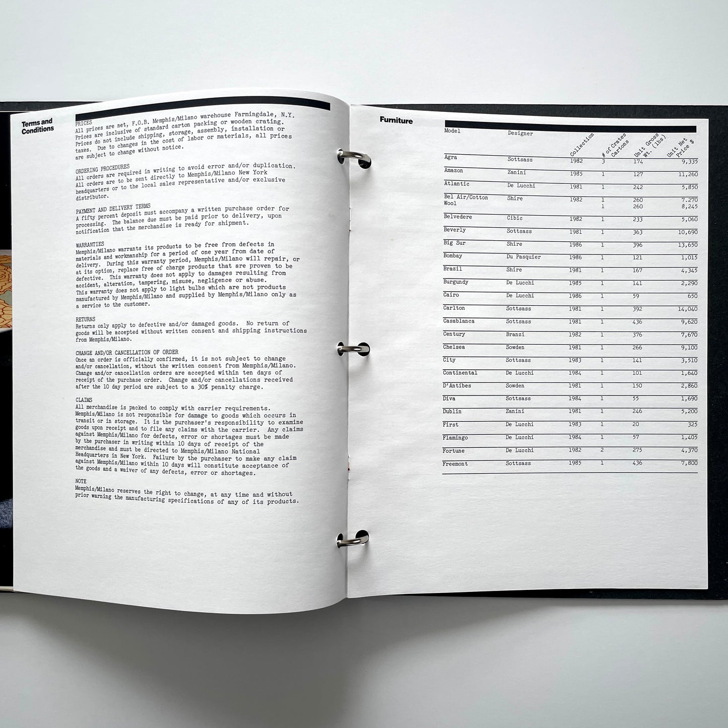 Memphis Milano Binder, Catalogs and Price List circa 1987