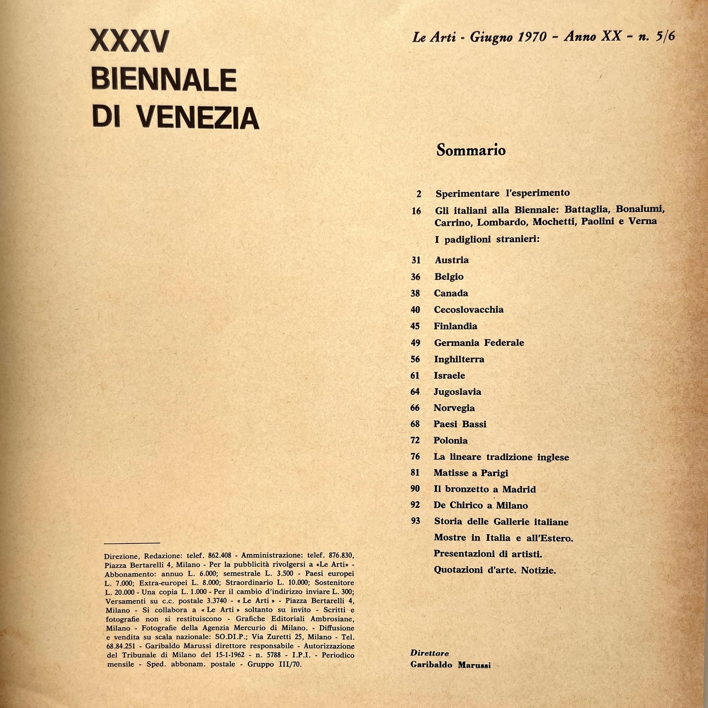 Le Arti Number 5/6 - June 1970 - XXXV Biennale Di Venezia
